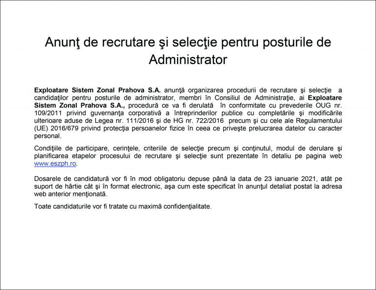 Anunt Exploatare Sistem Zonal Prahova S.A.