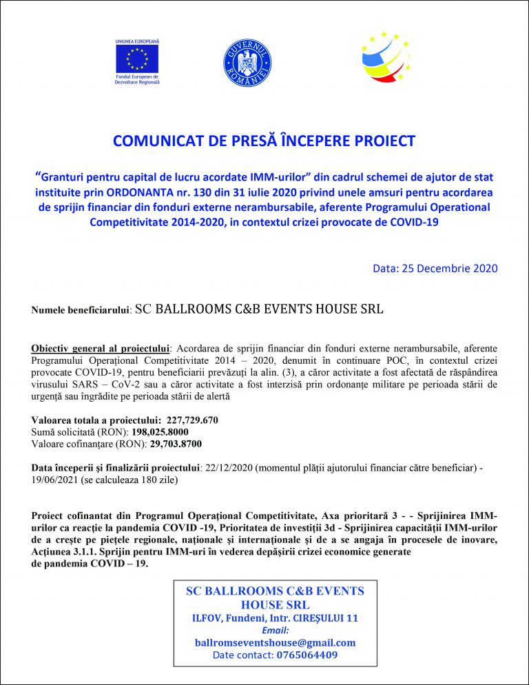 Comunicat de presă ȋncepere proiect SC BALLROOMS C&B EVENTS HOUSE SRL