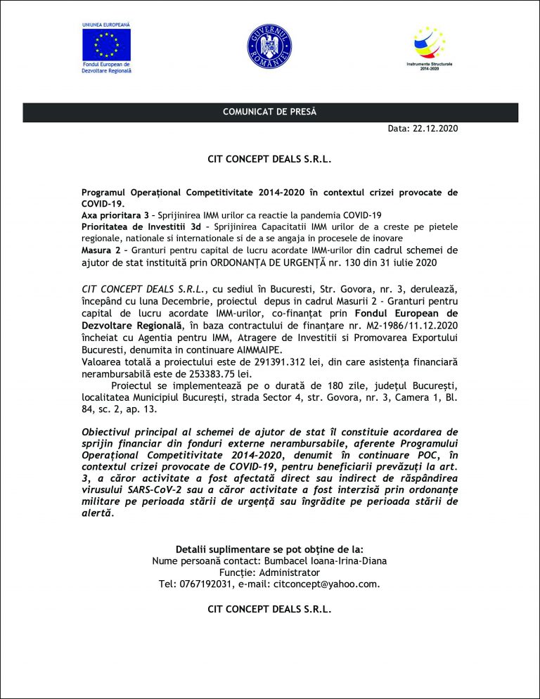 Comunicat de presă Cit Concept Deals S.R.L.