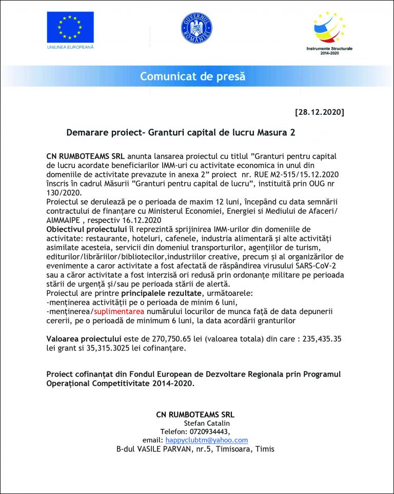 Comunicat de presă CN RUMBOTEAMS SRL