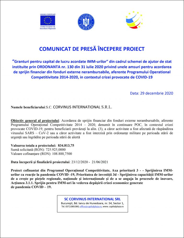 Comunicat de presă S.C. CORVINUS INTERNATIONAL S.R.L.