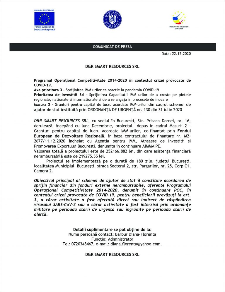 Comunicat de presă D&R SMART RESOURCES SRL