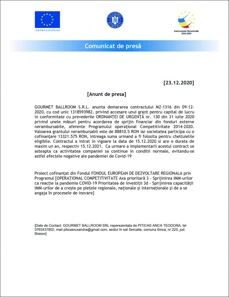 Anunt de presă Gourmet Ballroom S.R.L.