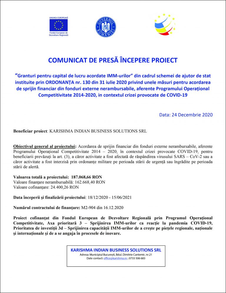 Comunicat de presă ȋncepere proiect Karishma Indian Business Solutions SRL