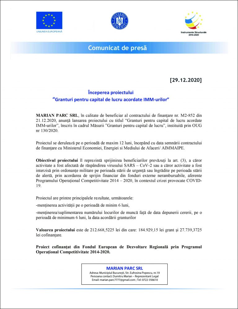 Comunicat de presă MARIAN PARC SRL
