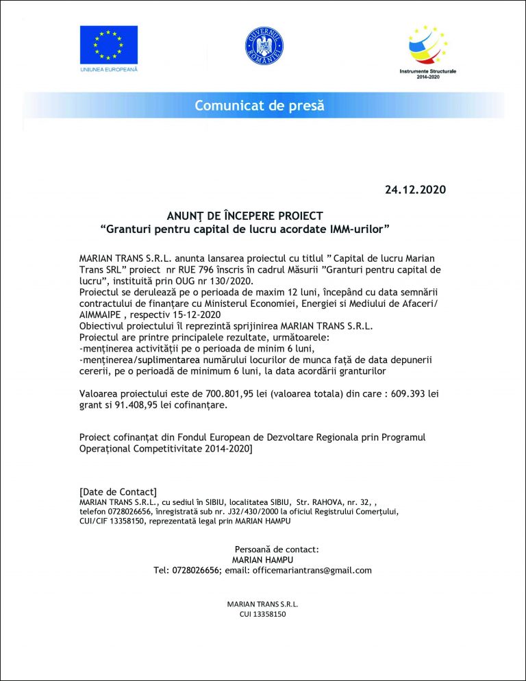 Comunicat de presă MARIAN TRANS S.R.L.