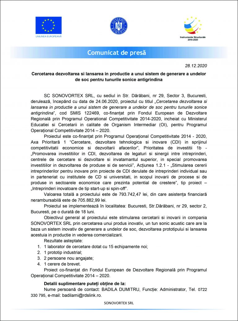 Comunicat de presă SC SONOVORTEX SRL
