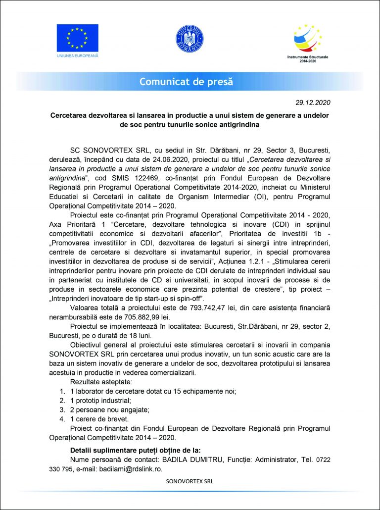 Comunicat de presă SC SONOVORTEX SRL
