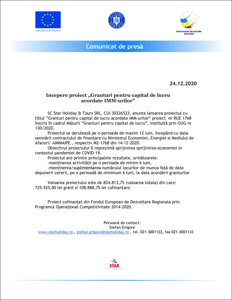 Comunicat de presă SC Star Holiday & Tours SRL