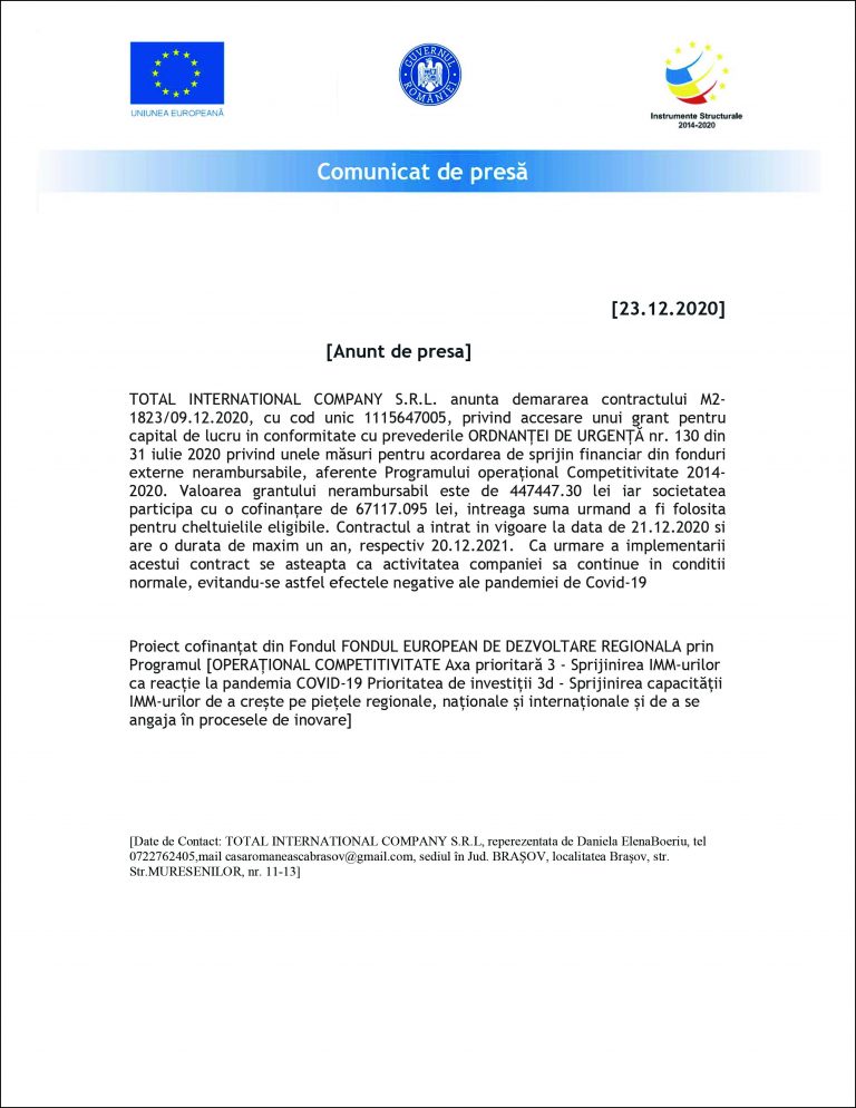 Anunt de presă Total International Company S.R.L.