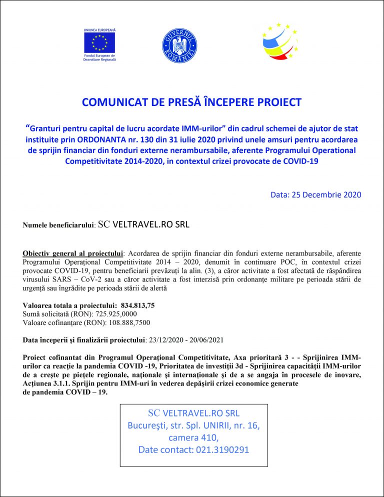 Comunicat de presă ȋncepere proiect SC VELTRAVEL.RO SRL