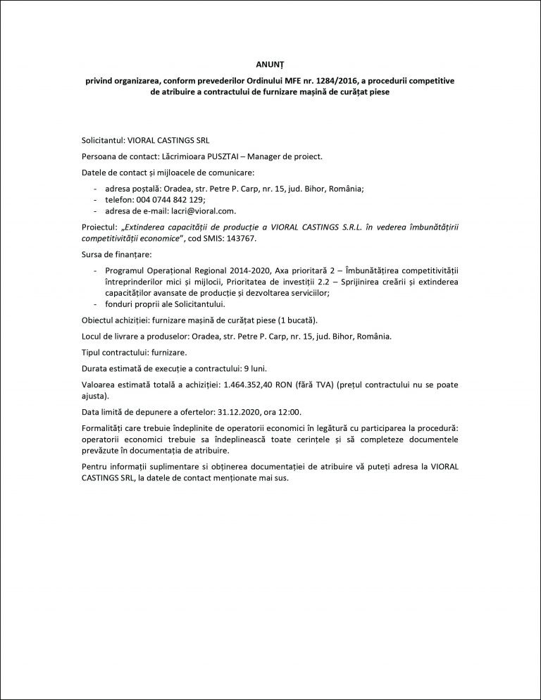 Anunț VIORAL CASTINGS SRL