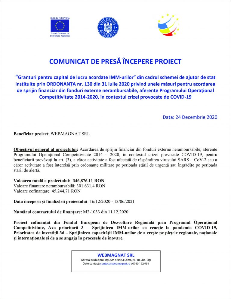 Comunicat de presă ȋncepere proiect WEBMAGNAT SRL