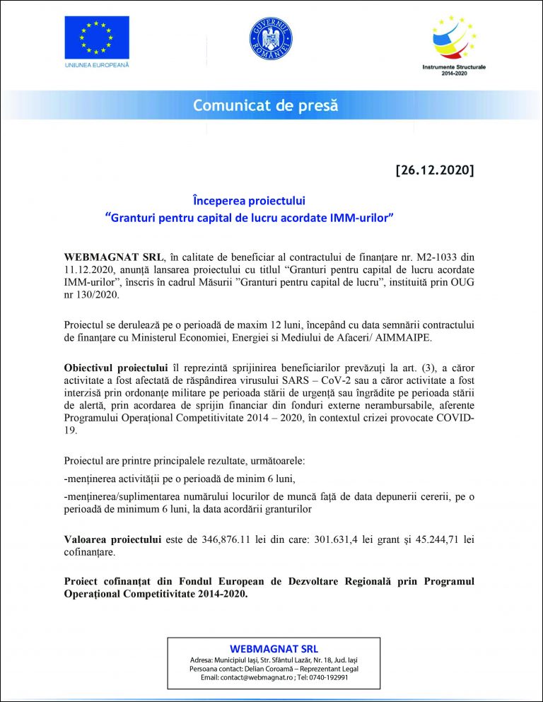 Comunicat de presă ȋncepere proiect WEBMAGNAT SRL