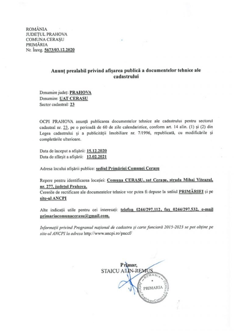 Anunt prealabil privind afisarea publica a documentelor tehnice ale cadastrului