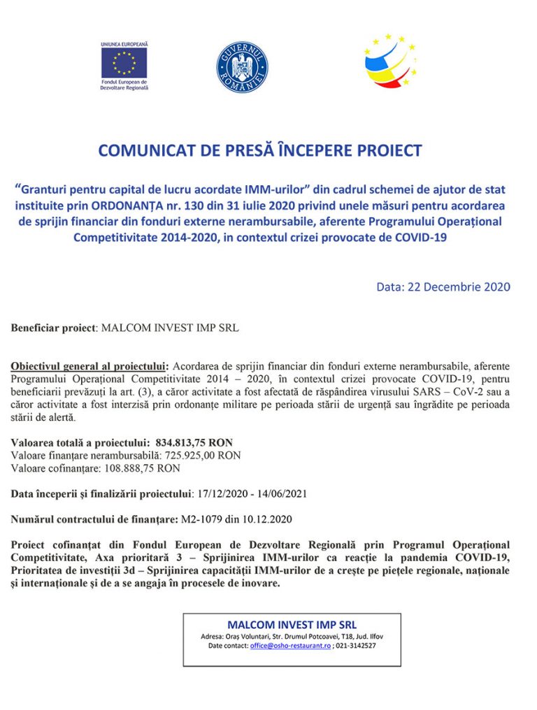 COMUNICAT DE PRESĂ ȊNCEPERE PROIECT