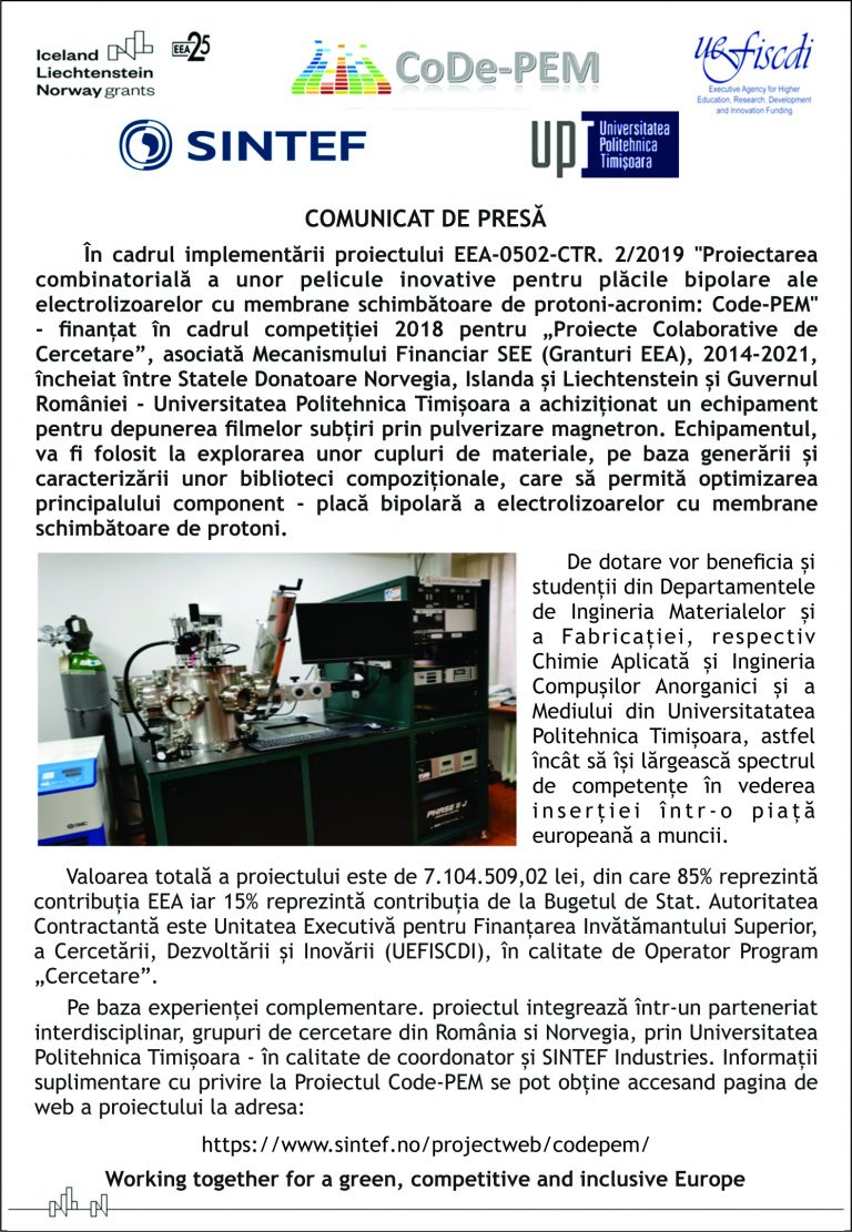 COMUNICAT DE PRESĂ – Universitatea  Politehnica Timișoara
