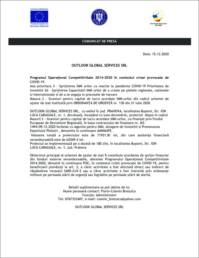 Comunicat de presă – OUTLOOK GLOBAL SERVICES SRL