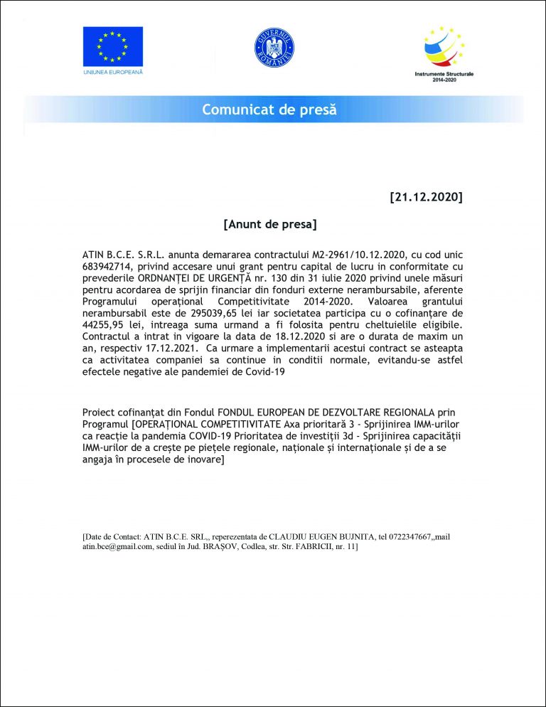 Anunț de presă ATIN B.C.E. S.R.L.