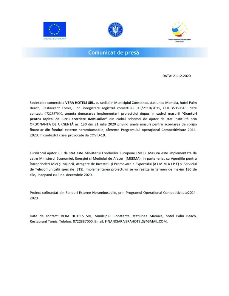 VERA HOTELS SRL, proiect in cadrul masurii “Granturi