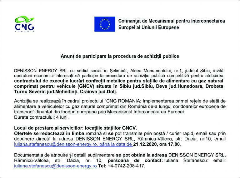 Anunț de participare la procedura de achiziții publice – DENISSON ENERGY SRL