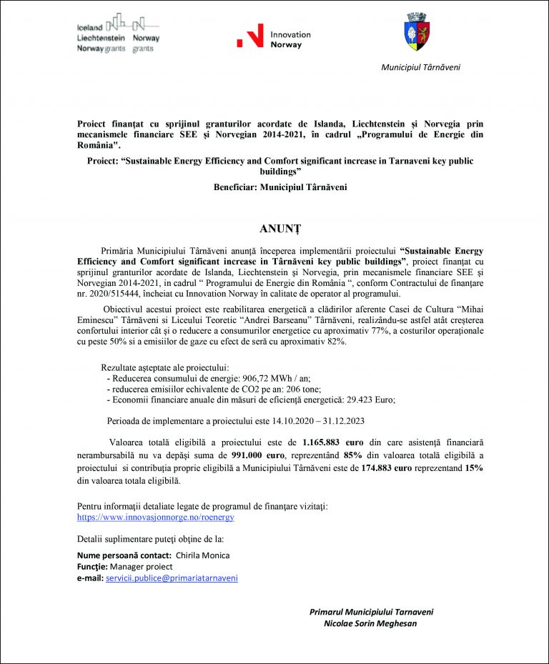 Municipiul Târnăveni, Proiect: “Sustainable Energy Efficiency and Comfort significant increase in Tarnaveni key public buildings”