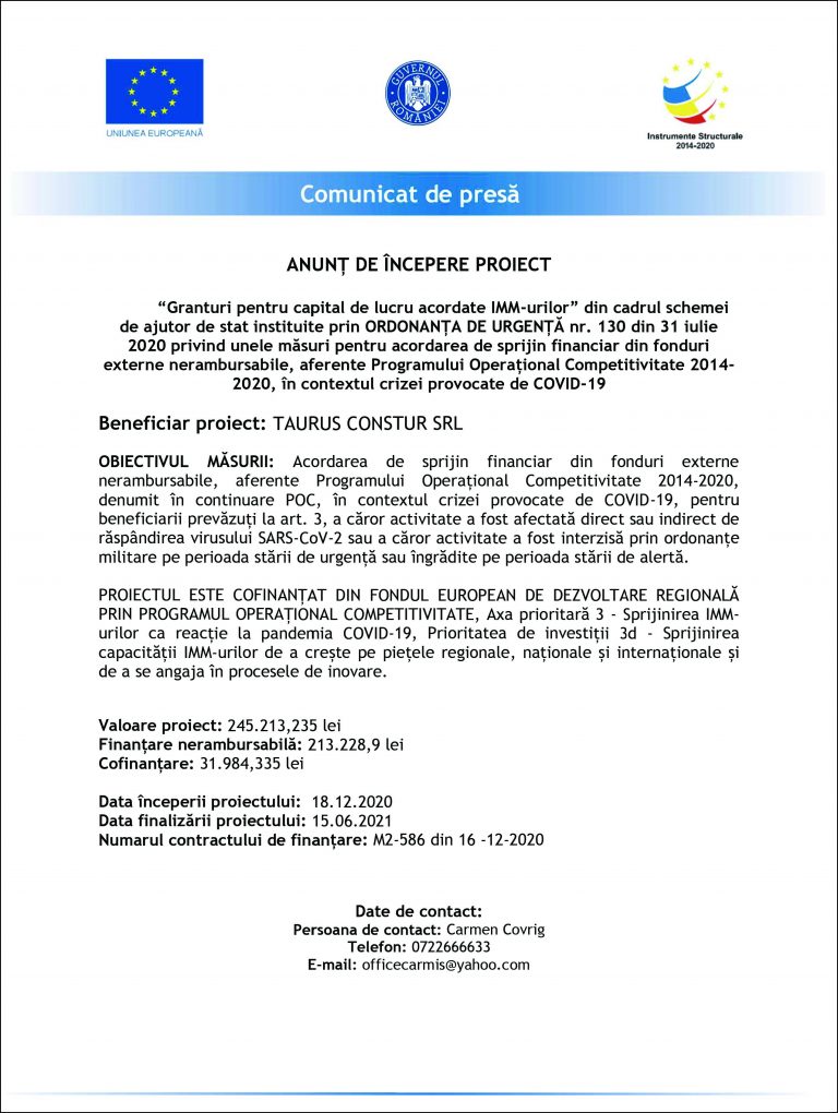 Anunț de începere proiect Taurus Constur SR