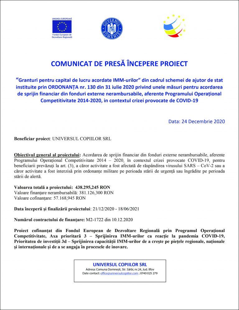 Comunicat de presă începere proiect Universul Copiilor SRL
