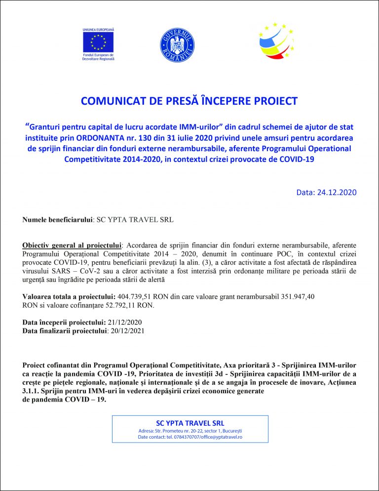 Comunicat de presă începere proiect SC YPTA TRAVEL SRL
