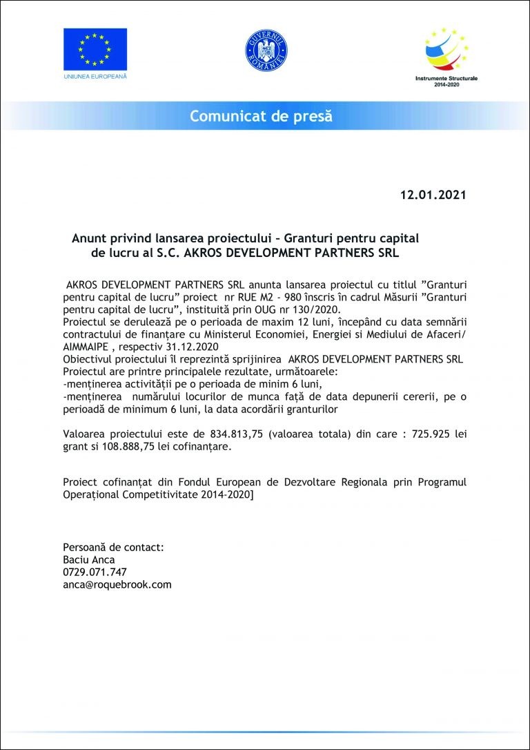 Comunicat de presă S.C. AKROS DEVELOPMENT PARTNERS SRL