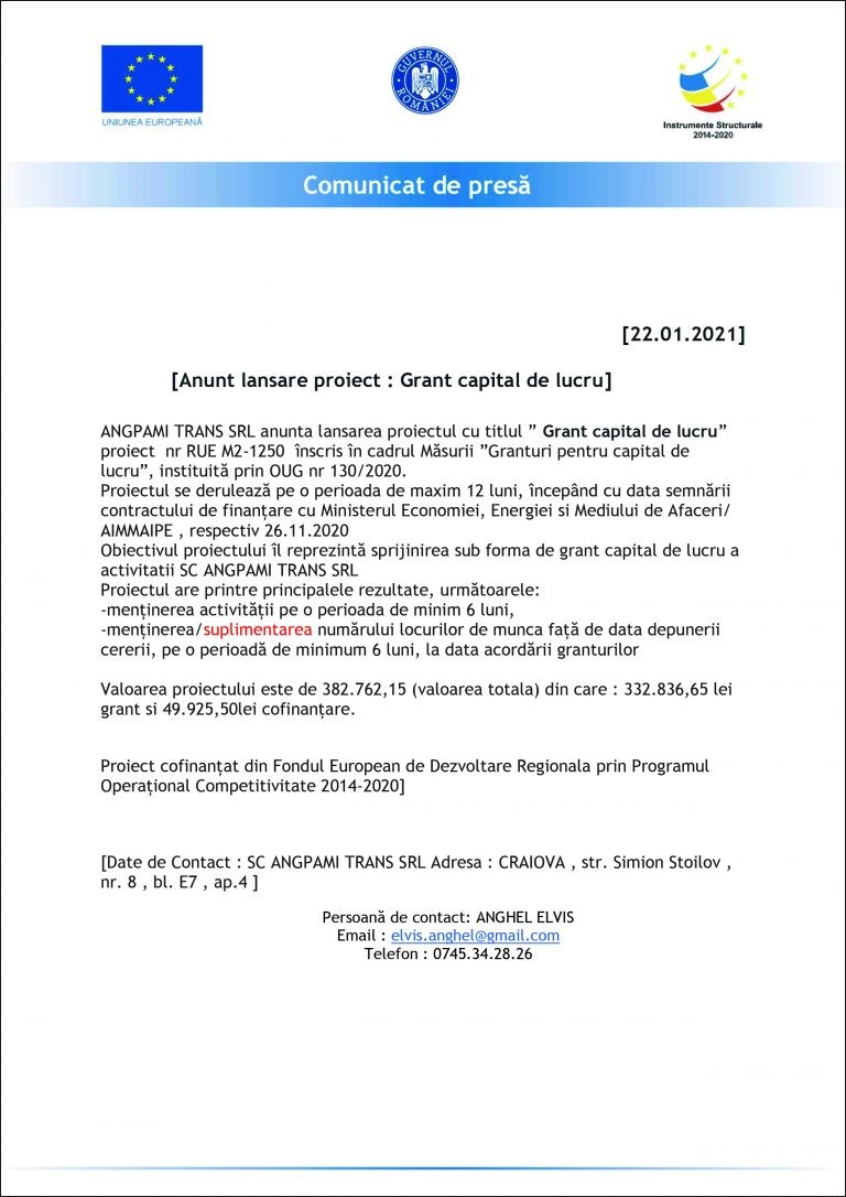 Comunicat de presă ANGPAMI TRANS SRL