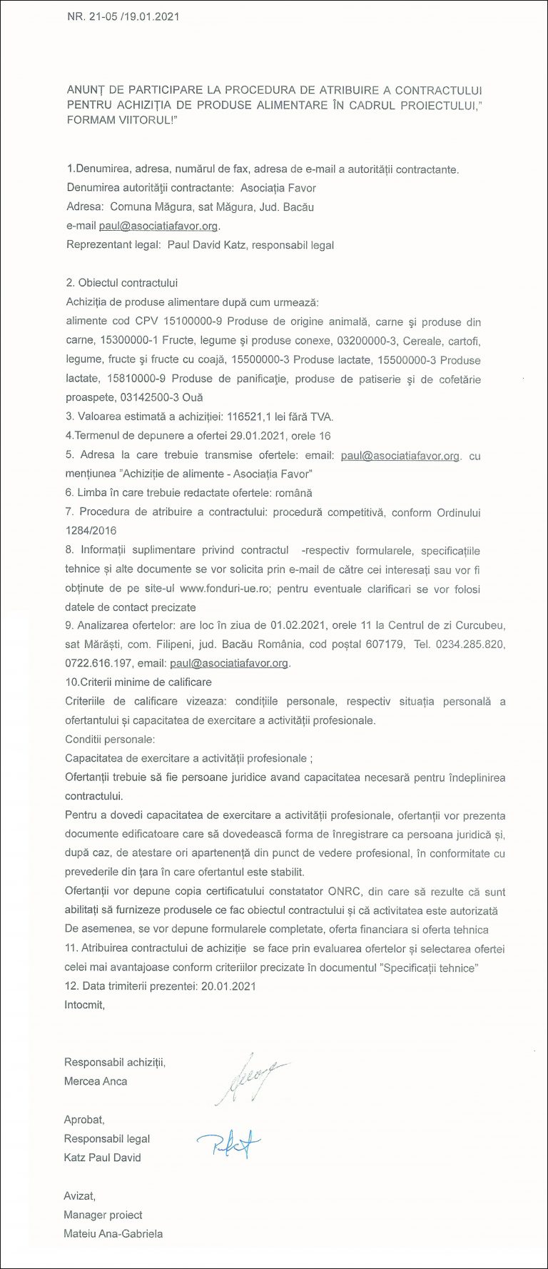 Anunț de participare Asociația Favor