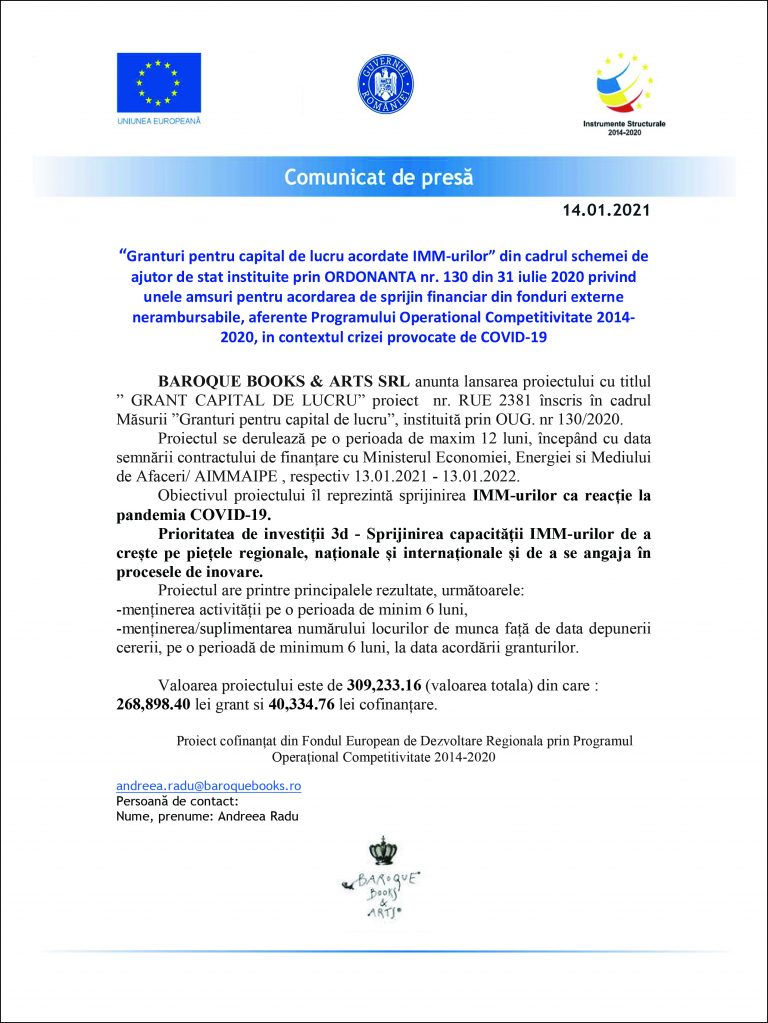 Comunicat de presă BAROQUE BOOKS & ARTS SRL