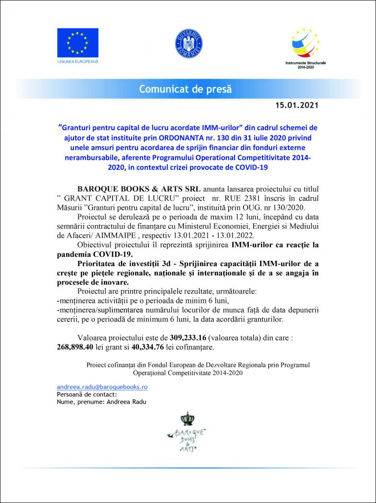 Comunicat de presă BAROQUE BOOKS & ARTS SRL