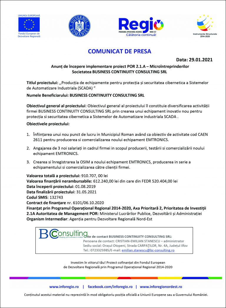 Comunicat de presă BUSINESS CONTINUITY CONSULTING SRL