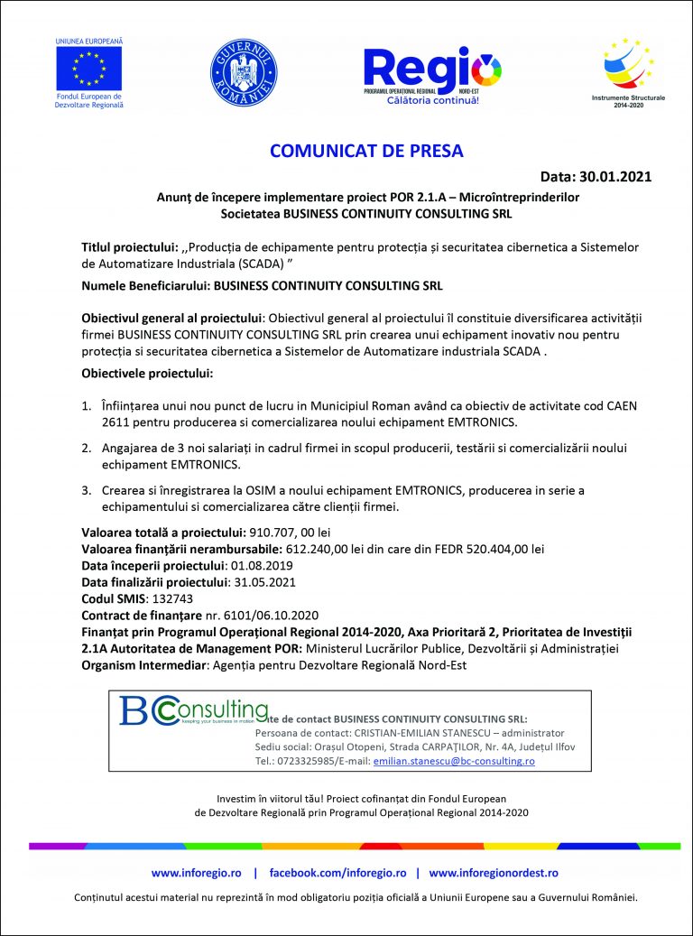 Comunicat de presă BUSINESS CONTINUITY CONSULTING SRL