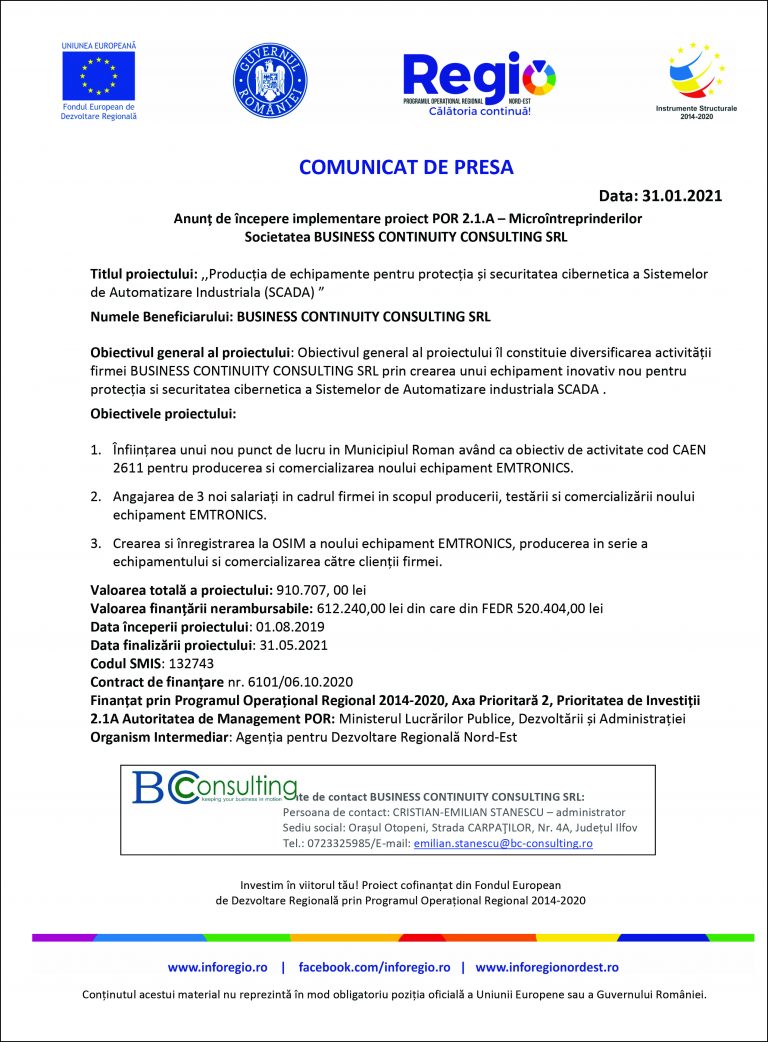 Comunicat de presă BUSINESS CONTINUITY CONSULTING SRL