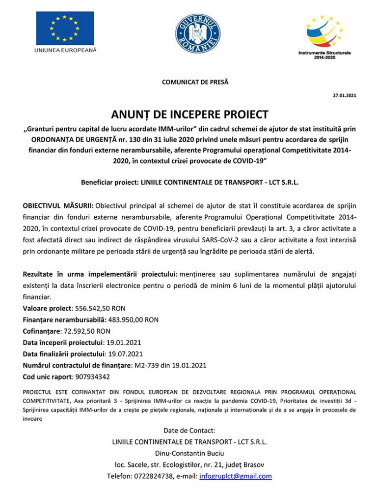 Comunicat de presa LINIILE CONTINENTALE DE TRANSPORT – LCT S.R.L.
