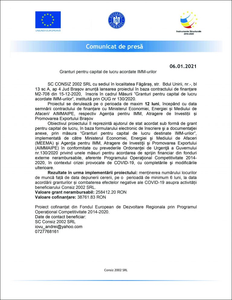 Comunicat de presă SC CONSIZ 2002 SRL