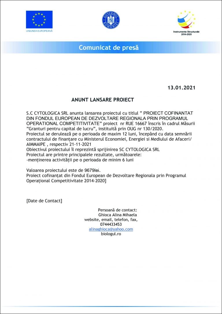 Comunicat de presă S.C CYTOLOGICA SRL