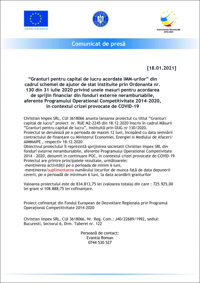 Comunicat de presă Christian Impex SRL