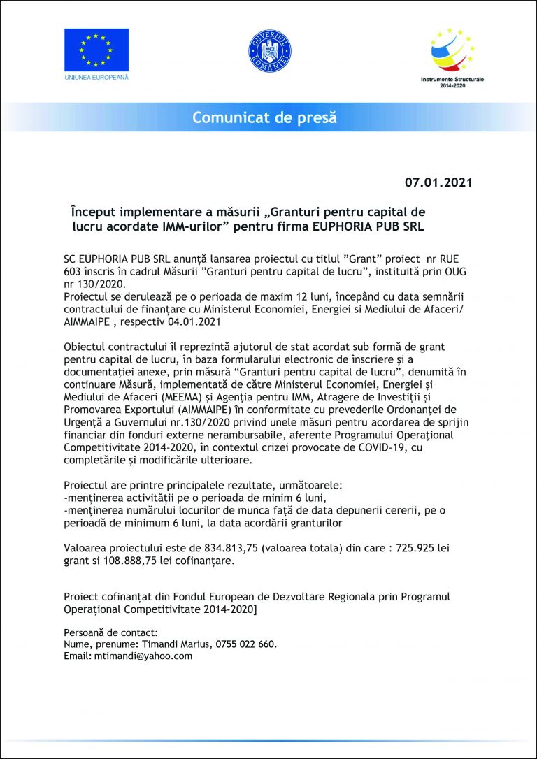 Comunicat de presă SC EUPHORIA PUB SRL