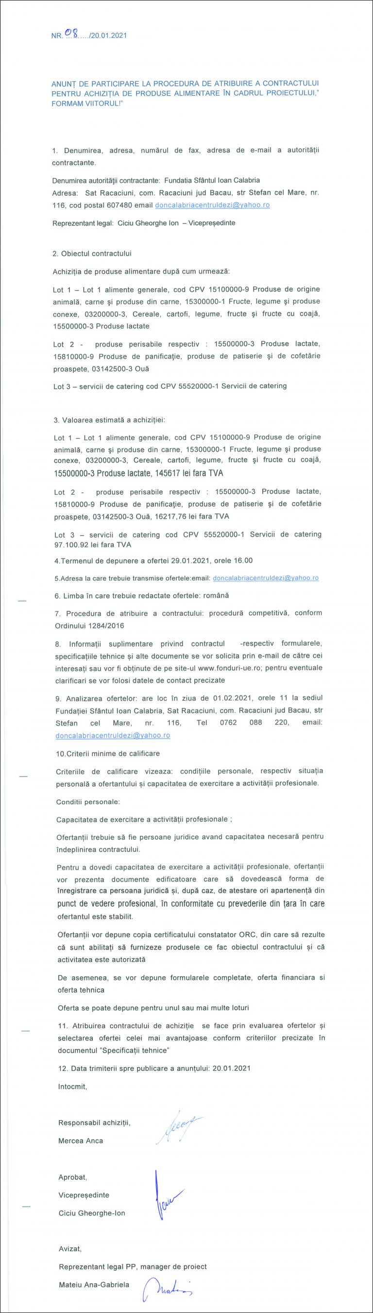 Anunț de participare Fundația Sfantul Ioan Calabria