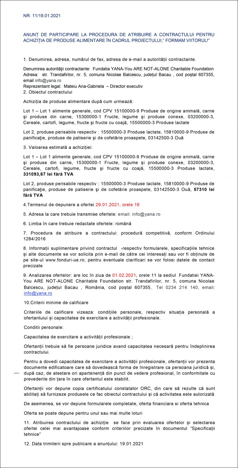 Anunț de participare Fundația YANA-You ARE NOT-ALONE
