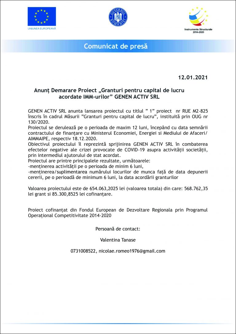 Comunicat de presă GENEN ACTIV SRL