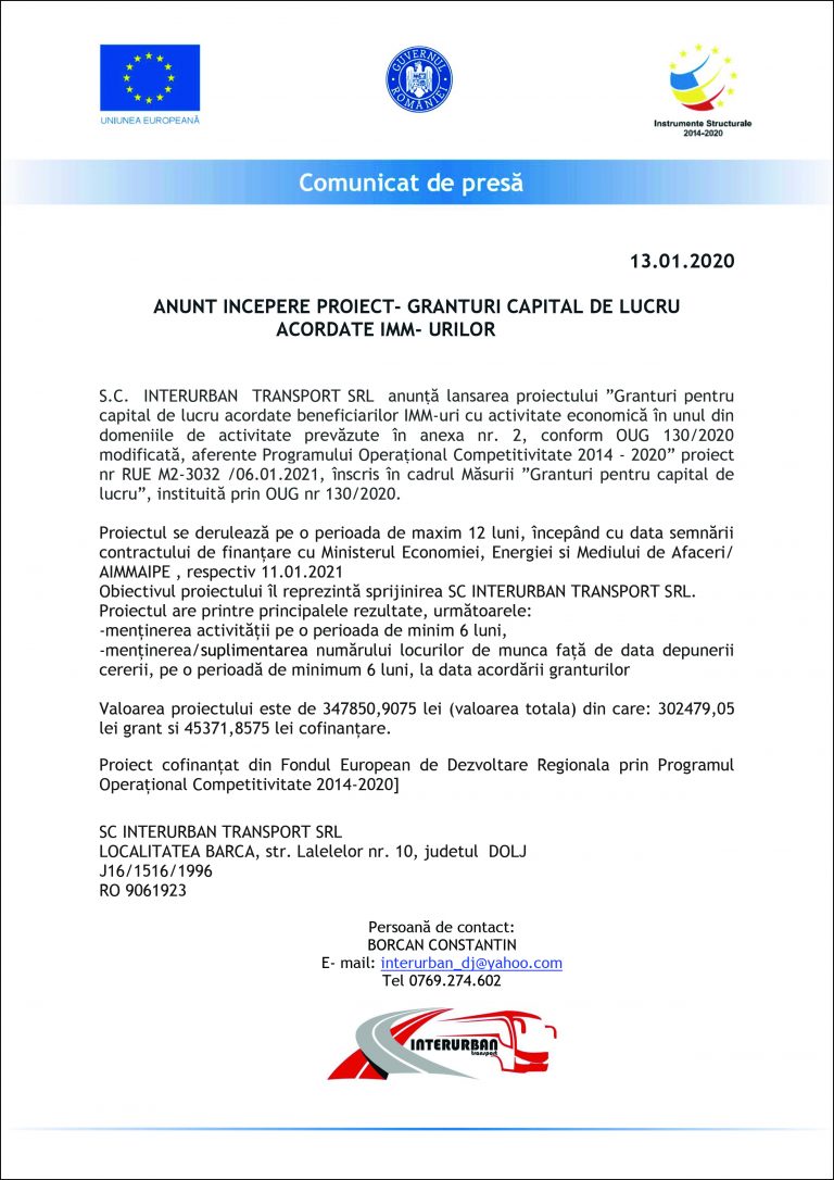 Comunicat de presă S.C. INTERURBAN TRANSPORT SRL