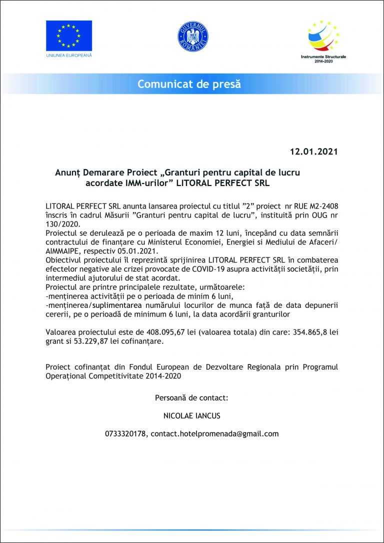 Comunicat de presă LITORAL PERFECT SRL