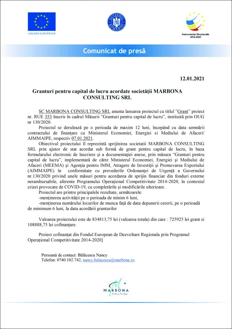 Comunicat de presă MARBONA CONSULTING SRL