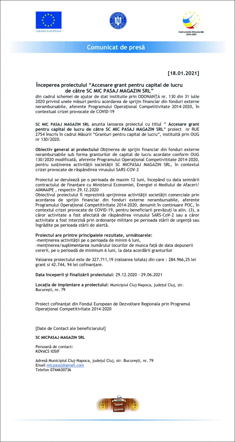 Comunicat de presă SC MIC PASAJ MAGAZIN SRL