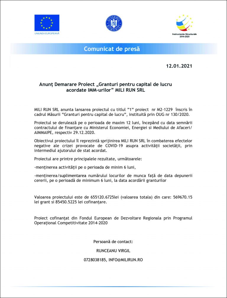 Comunicat de presă MILI RUN SRL